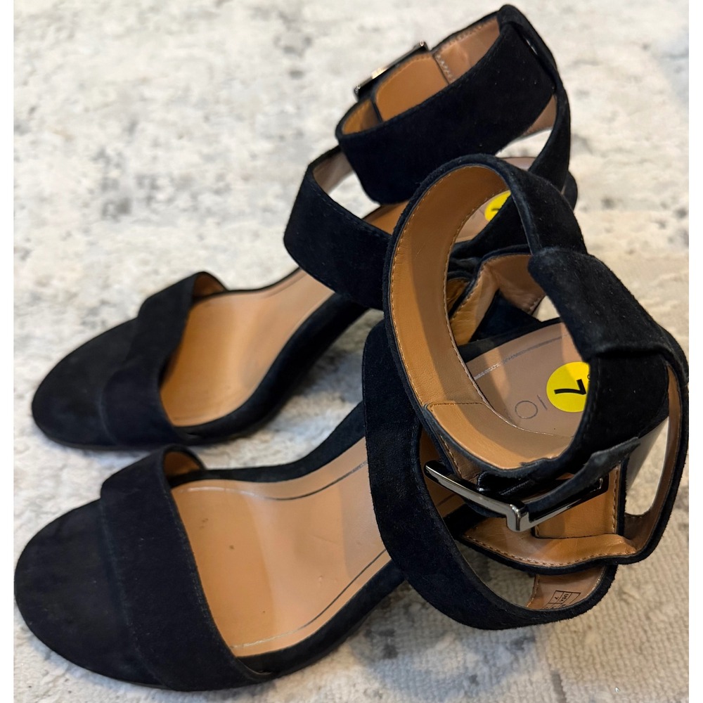 Vionic Sofia Suede Block Heel Sandals Black Ankle Strap Women 7 Orthotic Comfort